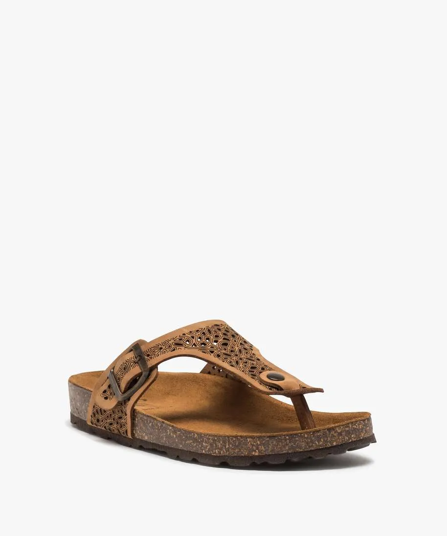 Dark Brown Leather Thong Sandals with Cutout Strap and Buckle - Flat Sandals and Beach Sandals.