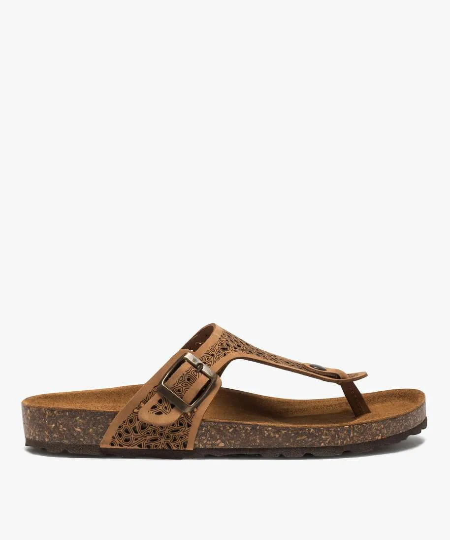 Dark Brown Leather Thong Sandals with Cutout Strap and Buckle - Flat Sandals and Beach Sandals.