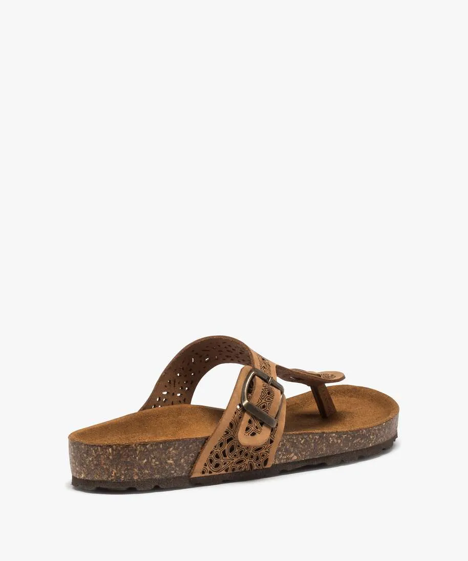 Dark Brown Leather Thong Sandals with Cutout Strap and Buckle - Flat Sandals and Beach Sandals.