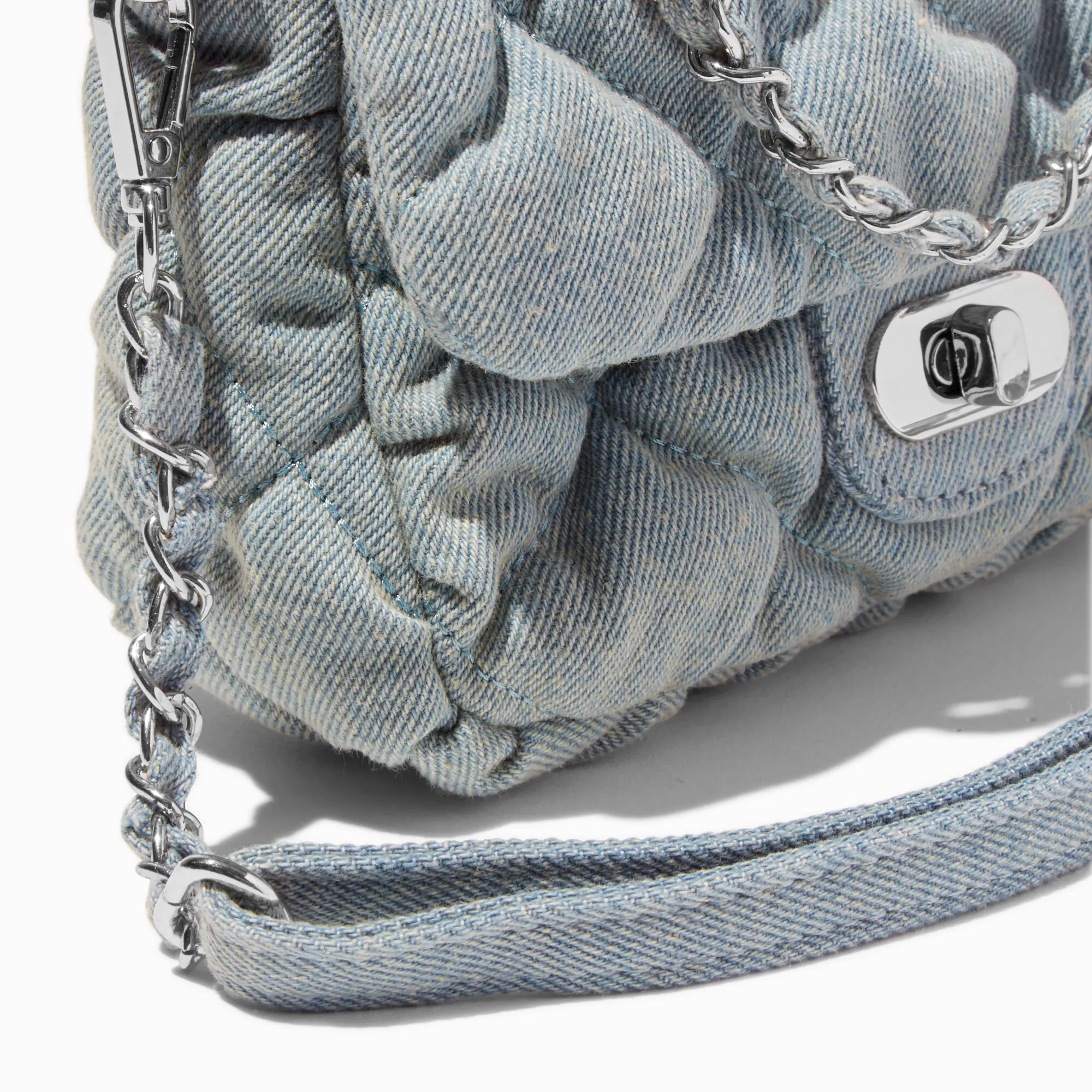 Denim Chain Shoulder Bag with Quilted Design