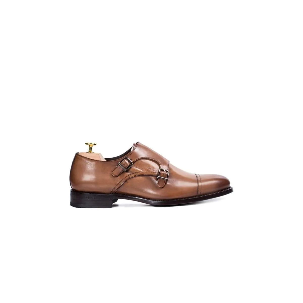 Double Strap Leather Men's Shoes - Brown