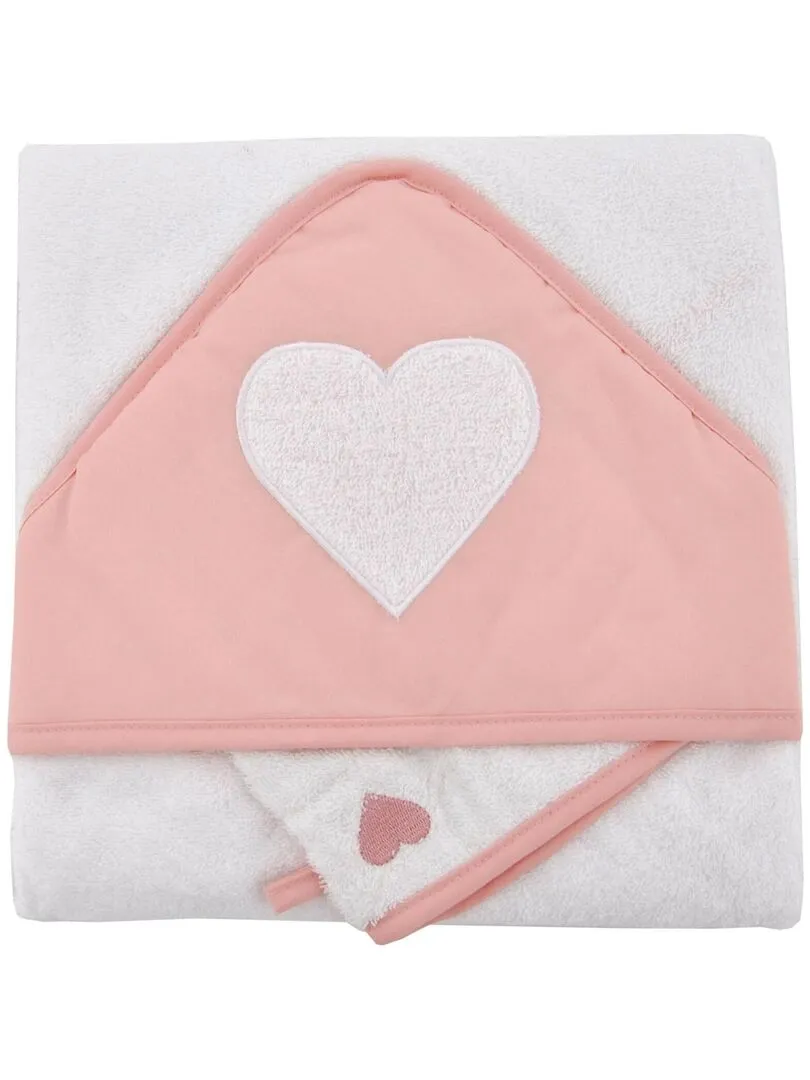 Embroidered bath cape and coral heart glove - Pink