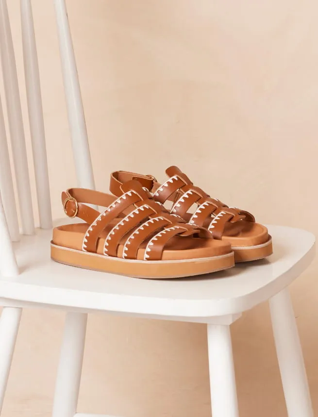 Flat Leather Sandals in Embroidered Cognac - Gaby Model