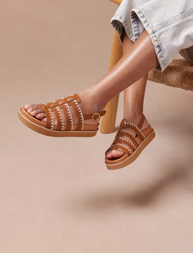 Flat Leather Sandals in Embroidered Cognac - Gaby Model