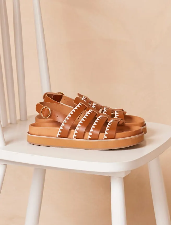 Flat Leather Sandals in Embroidered Cognac - Gaby Model