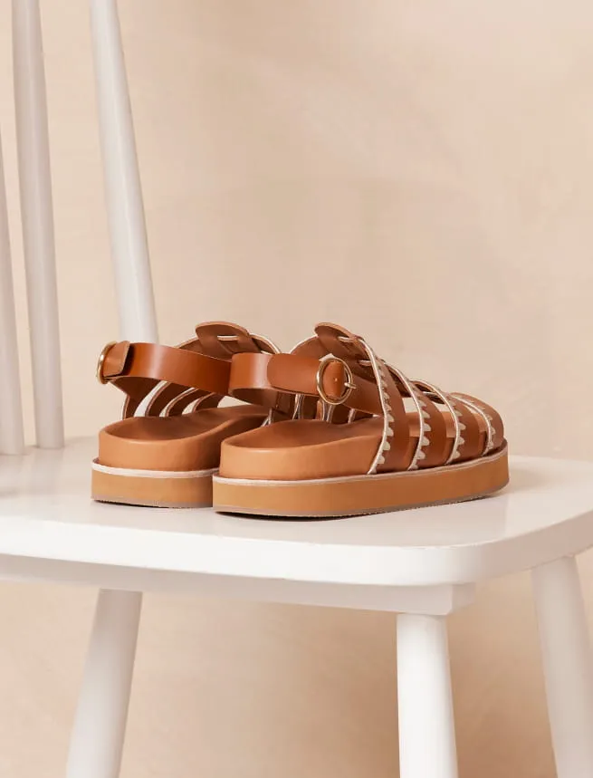 Flat Leather Sandals in Embroidered Cognac - Gaby Model