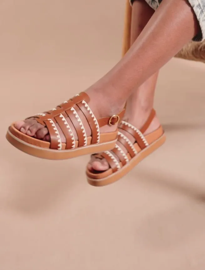 Flat Leather Sandals in Embroidered Cognac - Gaby Model