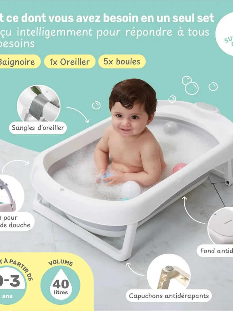 Folding Baby Bathtub - Thermometer and Cushion Included - SUPERBE BEBE - White Pink