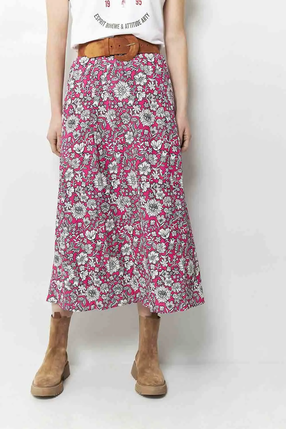 Fuchsia Daisy Print Midi Skirt收