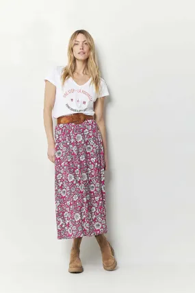 Fuchsia Daisy Print Midi Skirt收