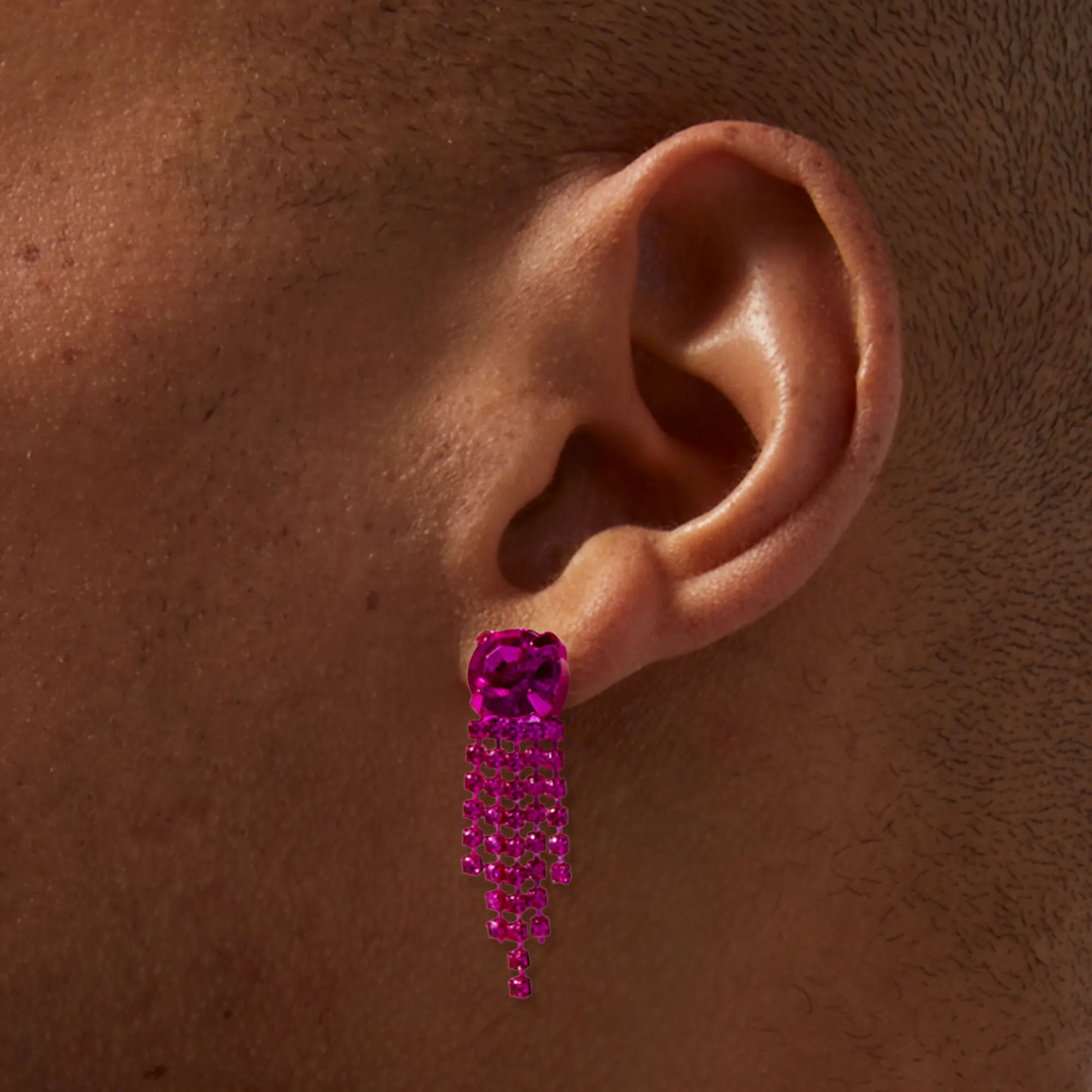 Fuchsia short fringe rhinestone earrings