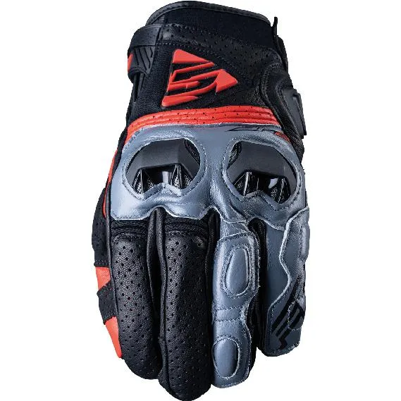 Five SF2 Motorcycle Gloves in Grey and Fluorescent Red at MAXXESS.FR, Mid-Season Motorcycle Gloves