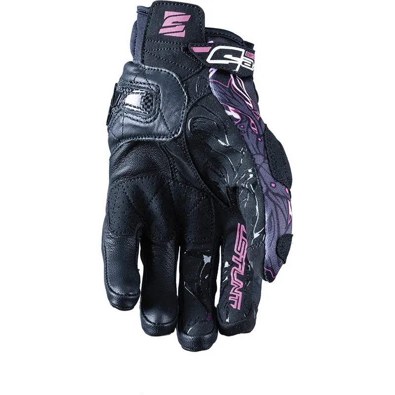 Five Stunt Evo Woman Flower Motorcycle Gloves in Black and Pink at MAXXESS.FR, Summer Motorcycle Gloves