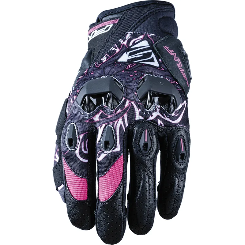 Five Stunt Evo Woman Flower Motorcycle Gloves in Black and Pink at MAXXESS.FR, Summer Motorcycle Gloves