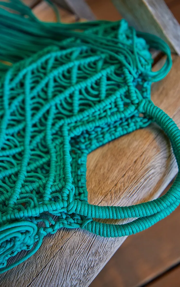 Green Fringe Macrame Beach Bag