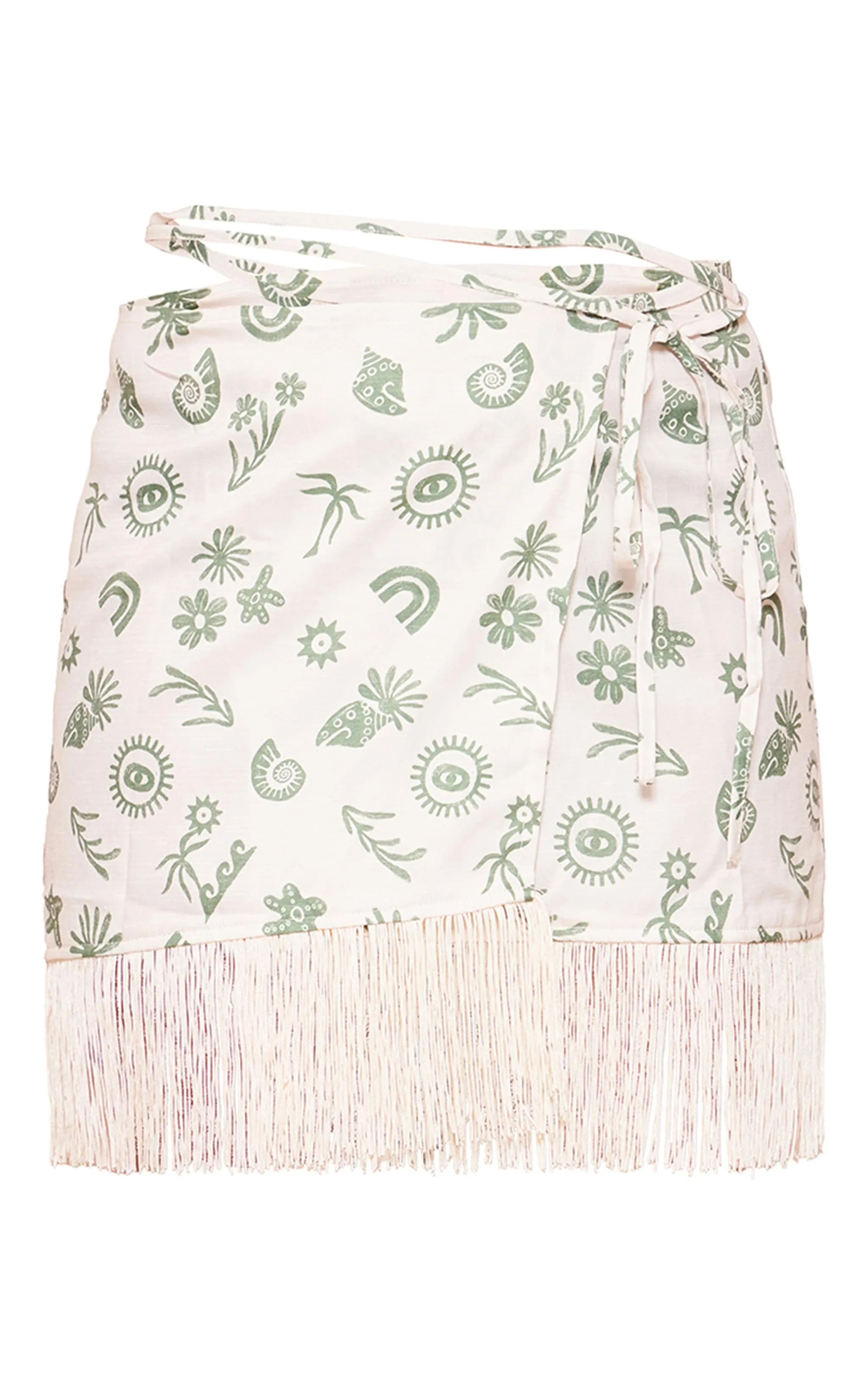 Green mosaic print wrap mini skirt with fringe hem.