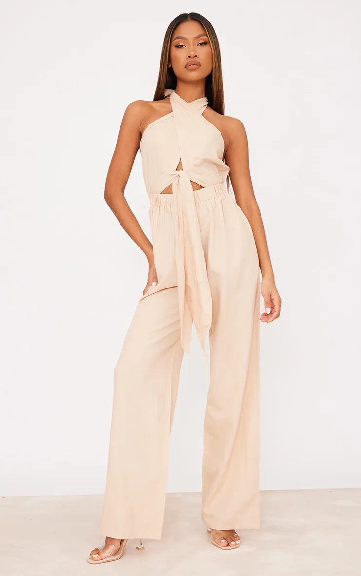 Grey Stone Crisscross Backless Linen Cutout Jumpsuit