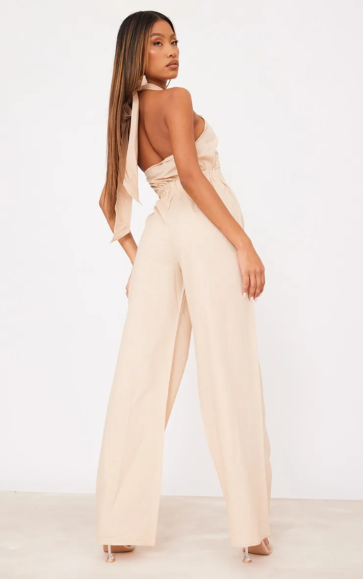 Grey Stone Crisscross Backless Linen Cutout Jumpsuit