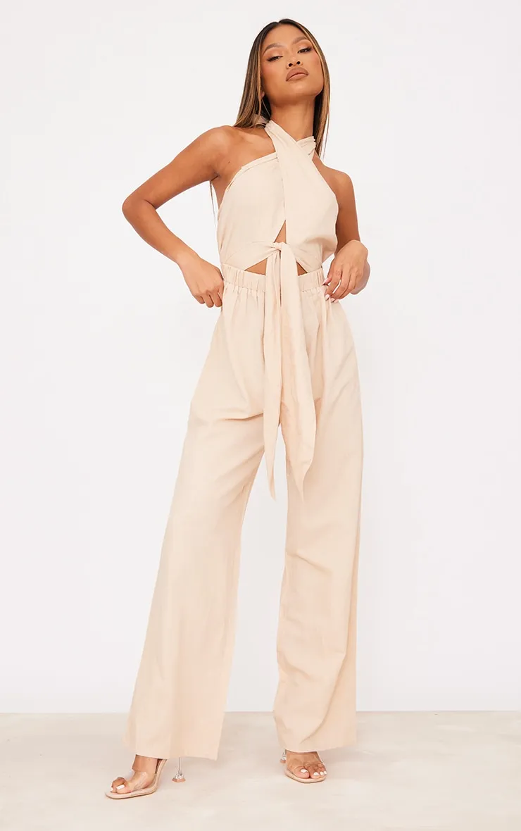 Grey Stone Crisscross Backless Linen Cutout Jumpsuit