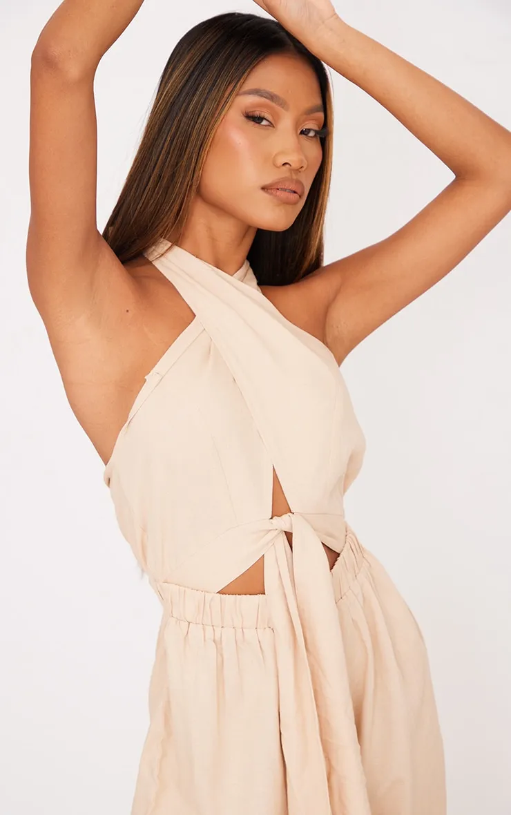 Grey Stone Crisscross Backless Linen Cutout Jumpsuit