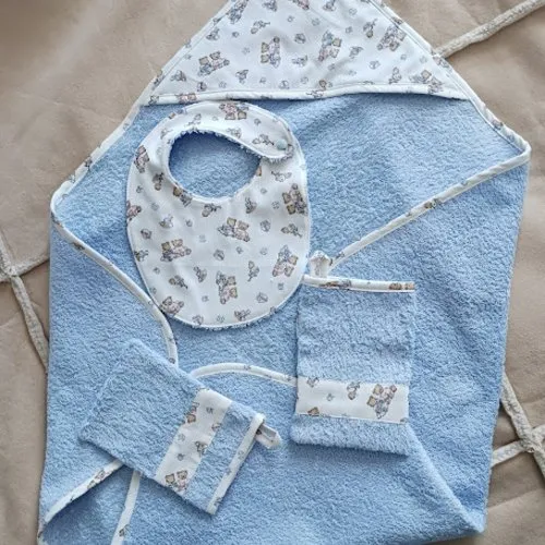 Handmade blue organic cotton terry bath cape set for baby with 2 washcloths and 1 bib for newborn to 6 months