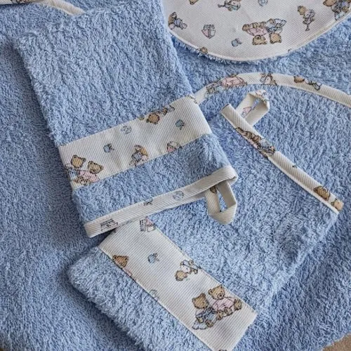 Handmade blue organic cotton terry bath cape set for baby with 2 washcloths and 1 bib for newborn to 6 months