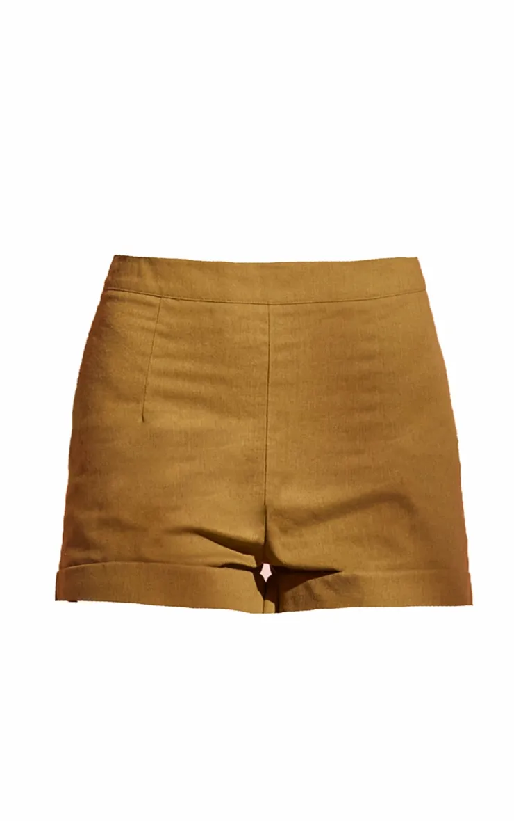 High-waisted short in khaki linen effect.