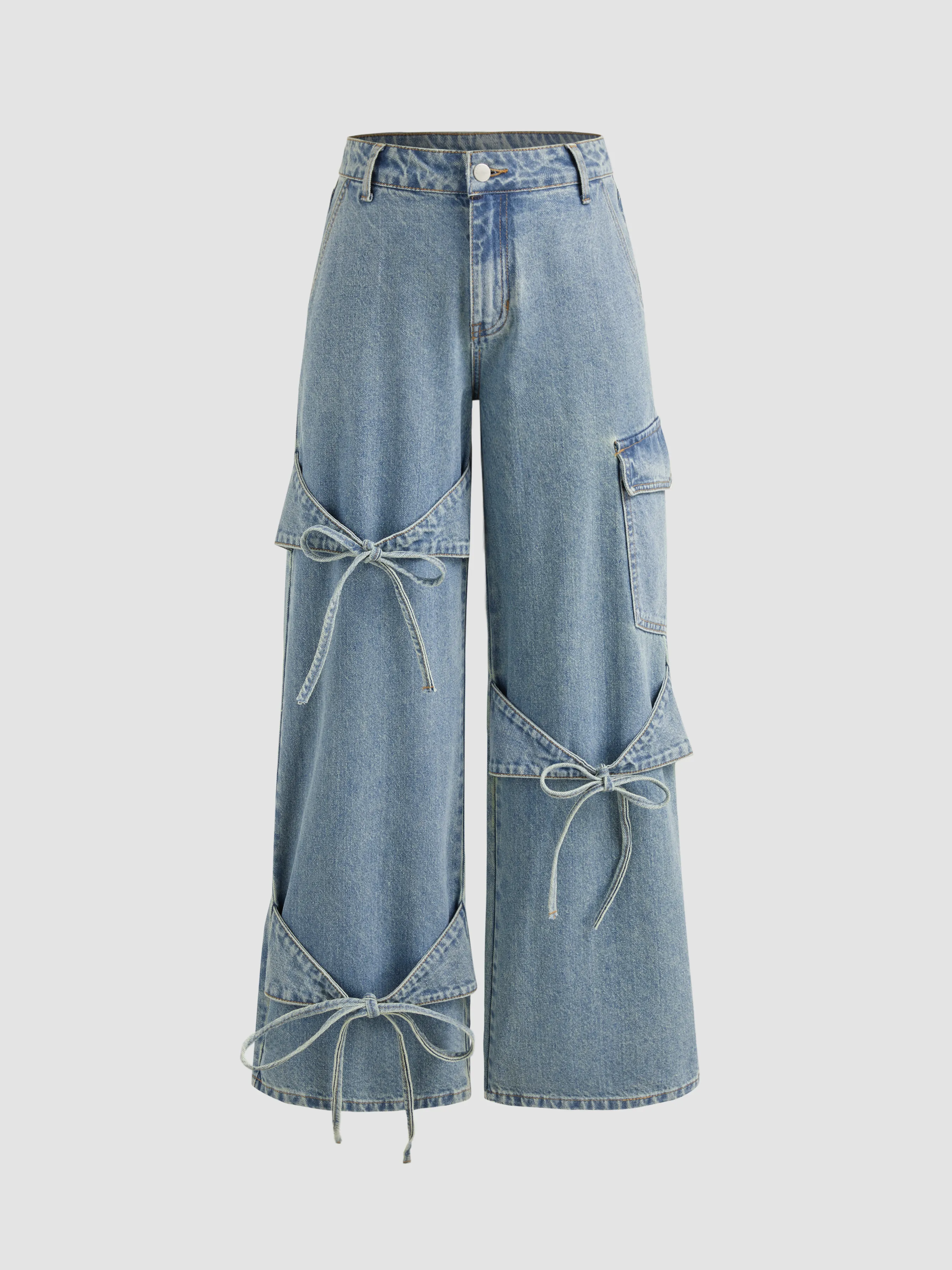 Wide Leg Denim Jeans with Bow Tie Pockets and Mid-Rise in Cider Blue Denim