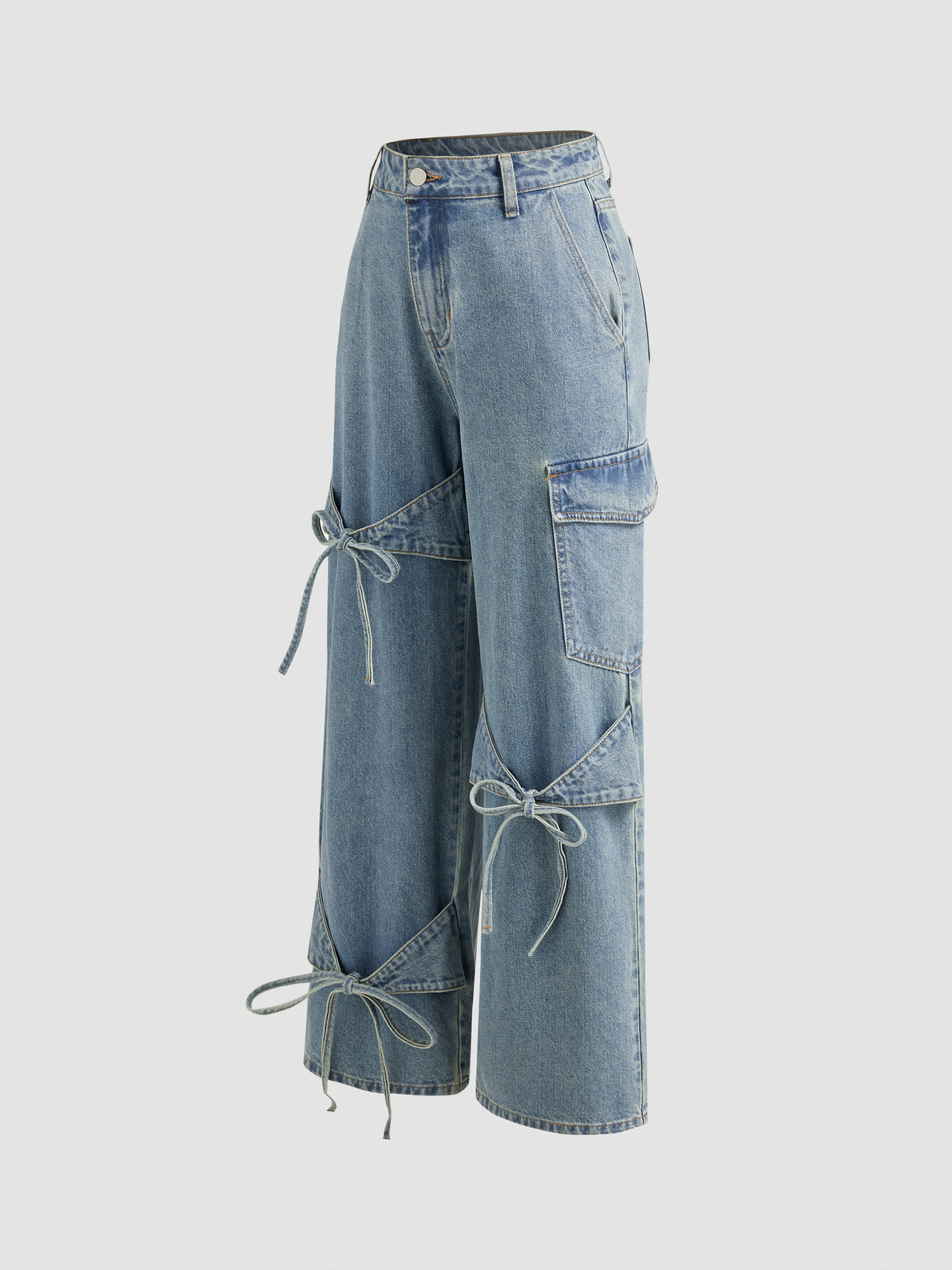 Wide Leg Denim Jeans with Bow Tie Pockets and Mid-Rise in Cider Blue Denim