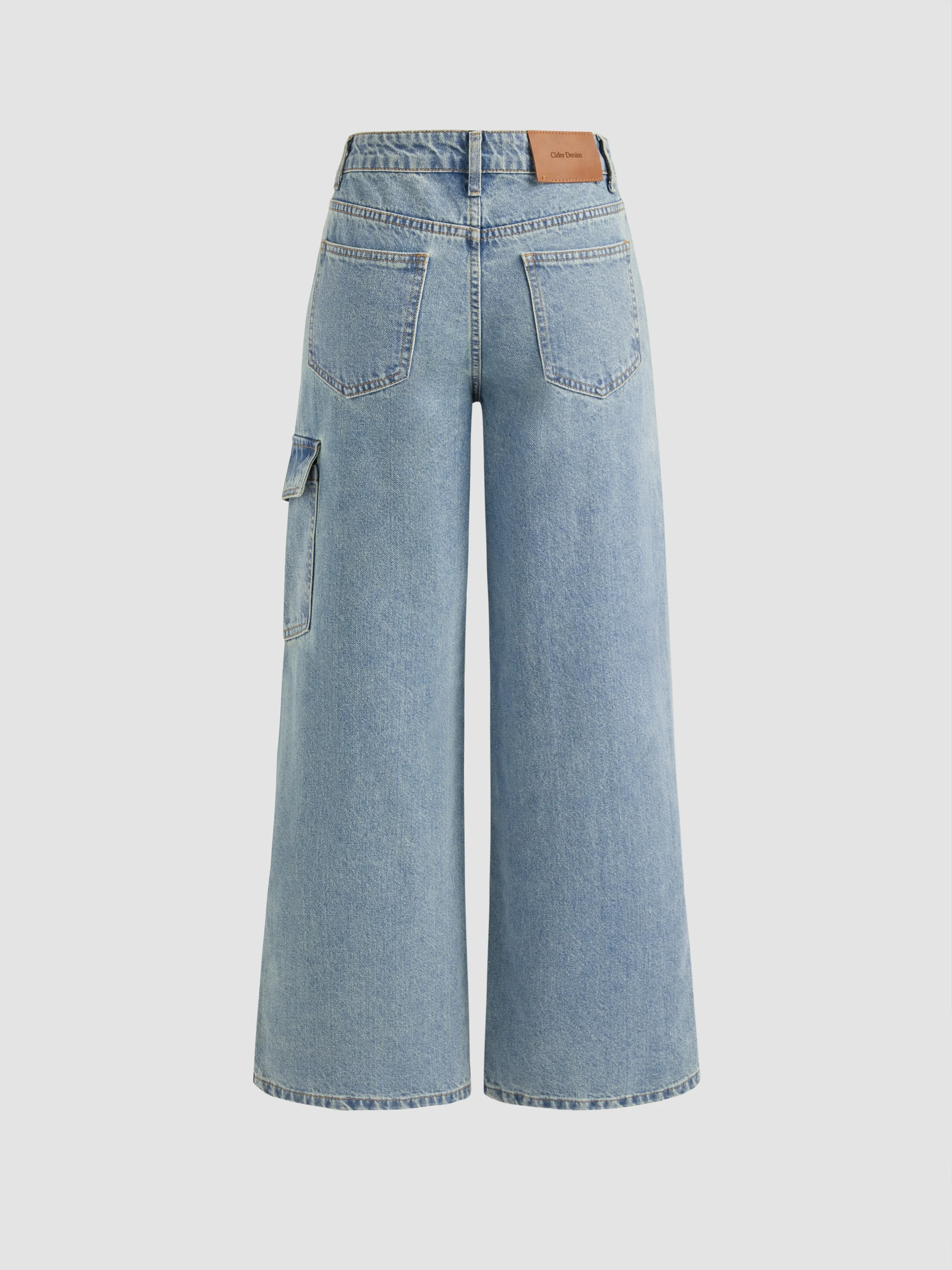 Wide Leg Denim Jeans with Bow Tie Pockets and Mid-Rise in Cider Blue Denim