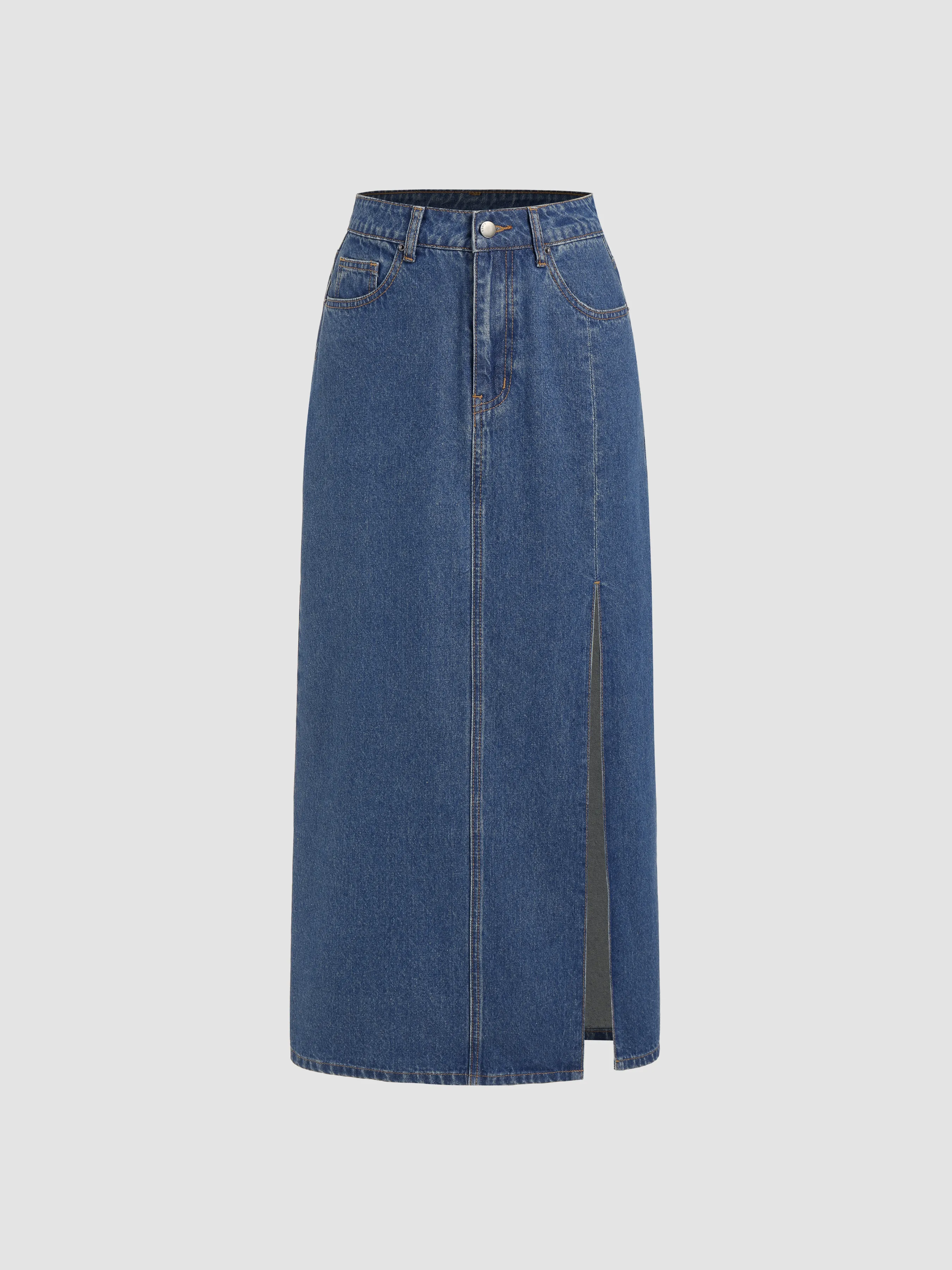 Denim Cider Mid-Rise Maxi Skirt with Split Pocket