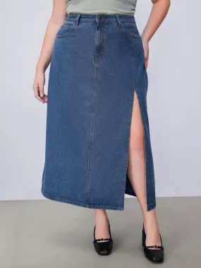 Curve & Plus High-Waisted Denim Maxi Skirt with Slit Pockets - Google SEO Friendly