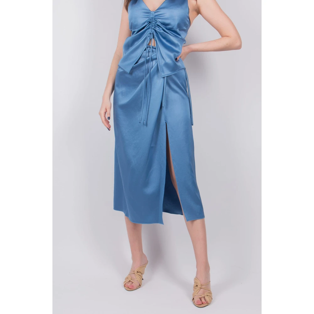 Jupe Midi Drapée en Satin Bleu