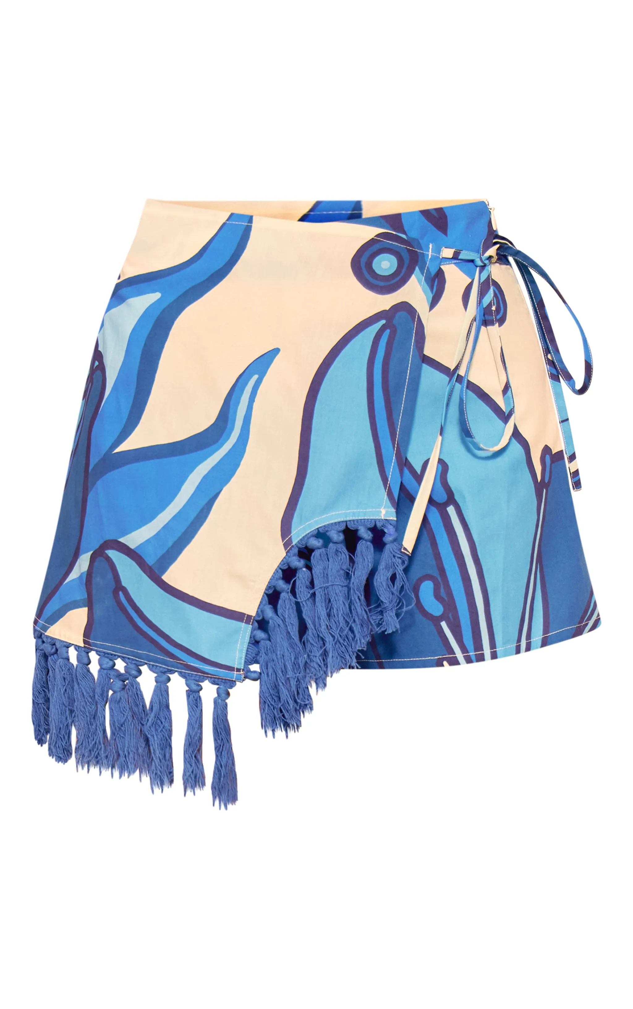 Blue abstract print mini skirt with fringe detail and front knot