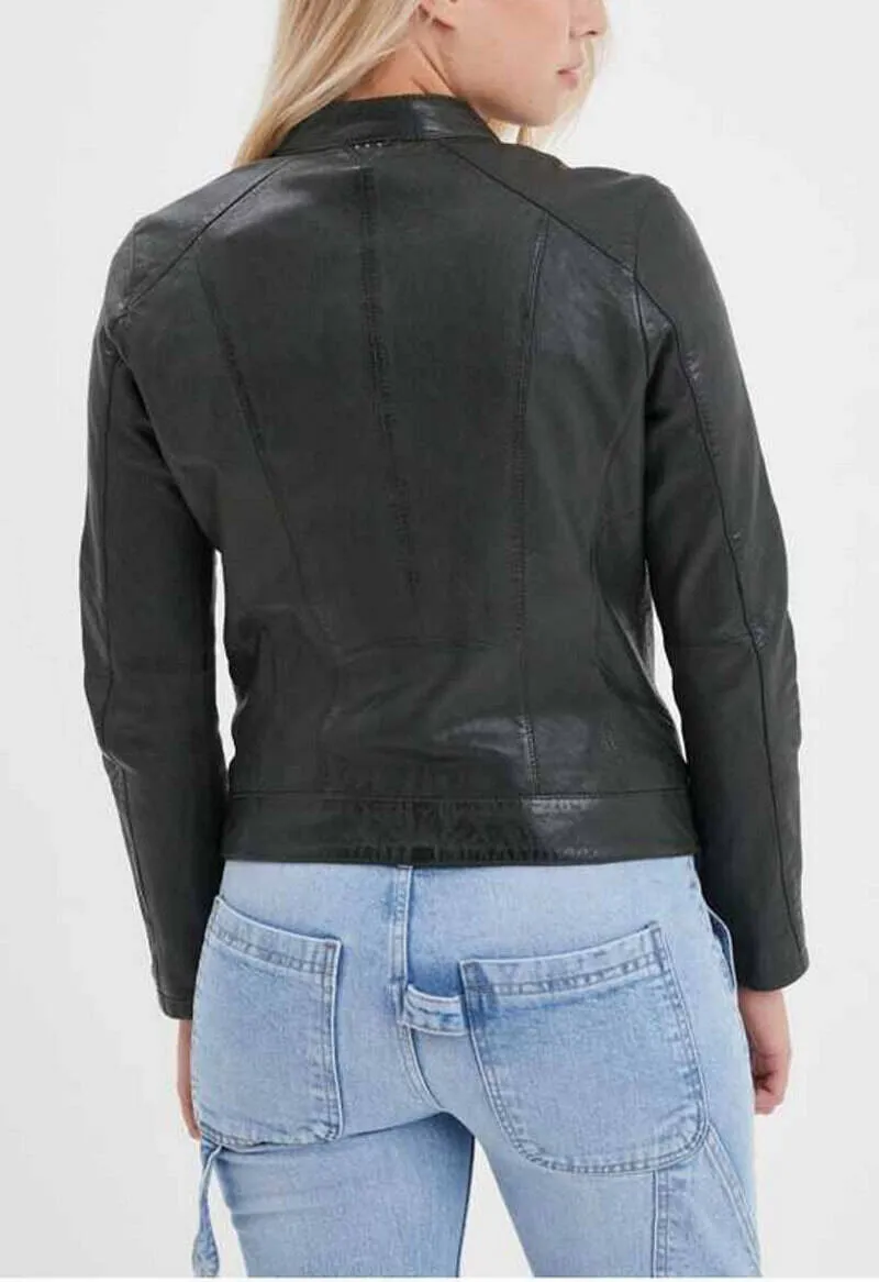 Kaki Women's Biker Style Leather Jacket