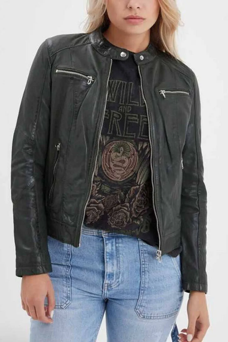 Kaki Women's Biker Style Leather Jacket