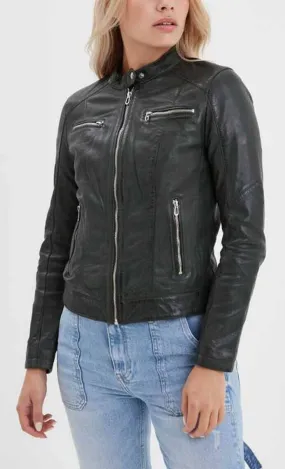 Kaki Women's Biker Style Leather Jacket