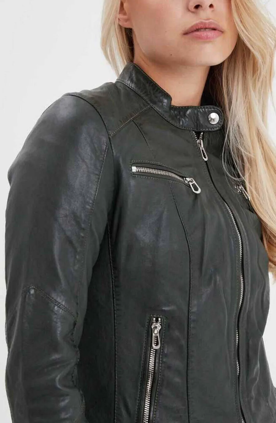 Kaki Women's Biker Style Leather Jacket