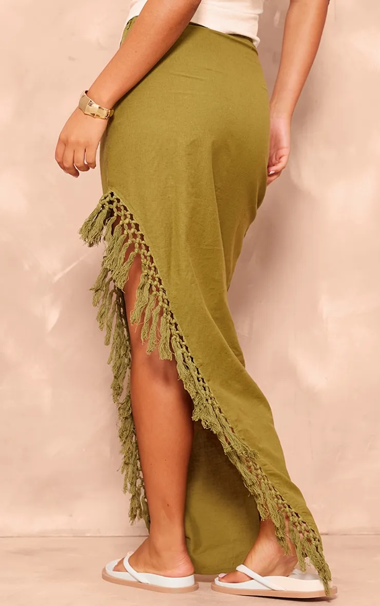 Long Khaki Linen Maxi Skirt with Fringed Hem Slit