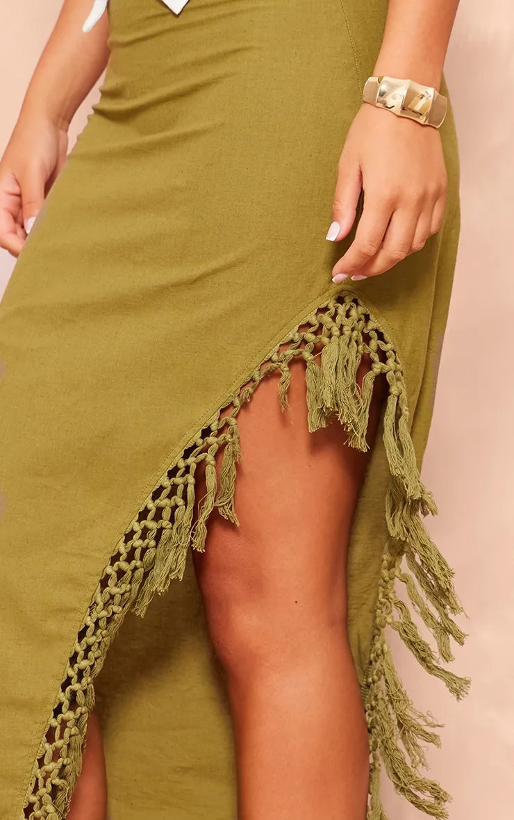 Long Khaki Linen Maxi Skirt with Fringed Hem Slit