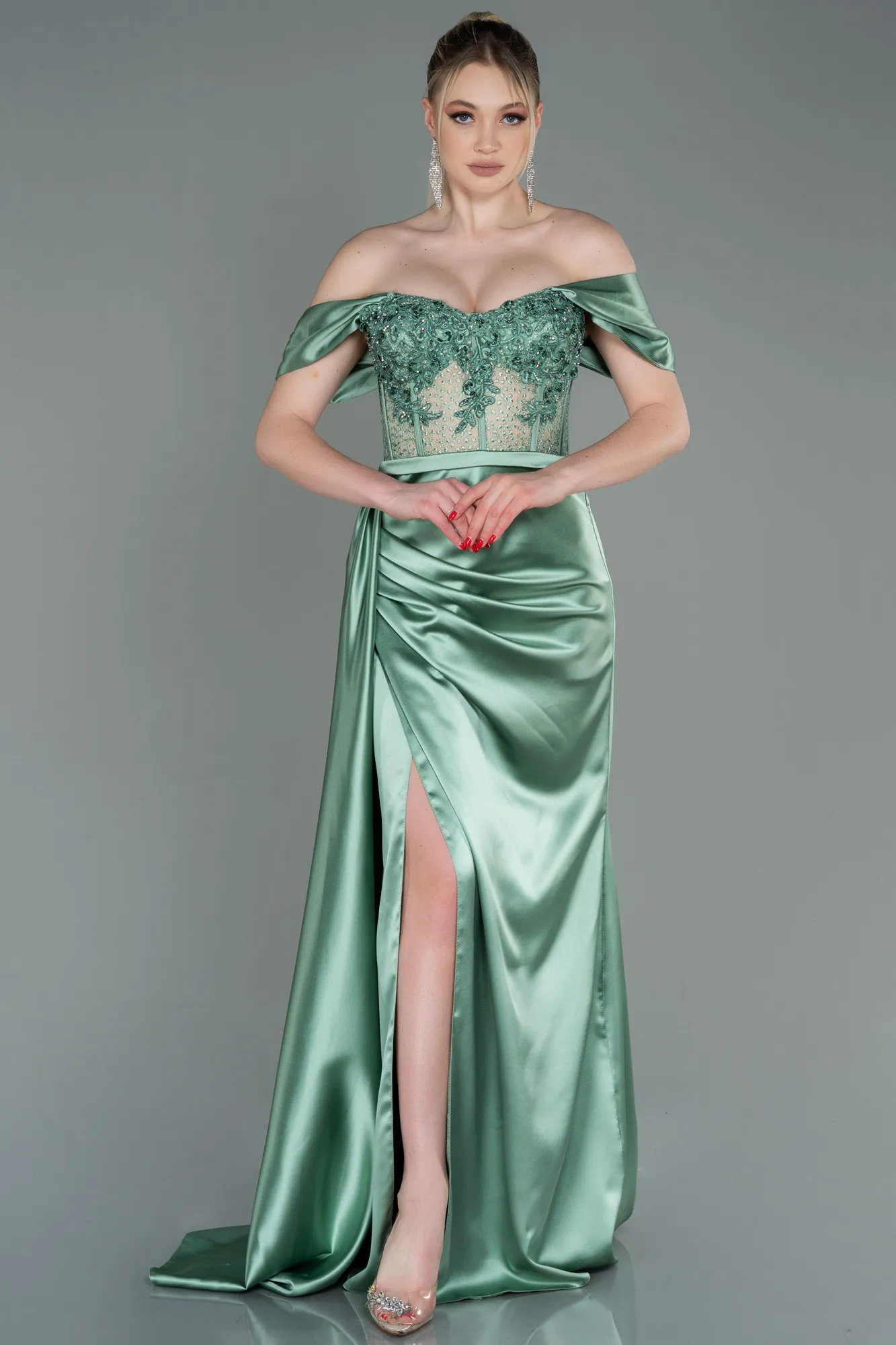 Long Satin Khaki Evening Gown ABU3997