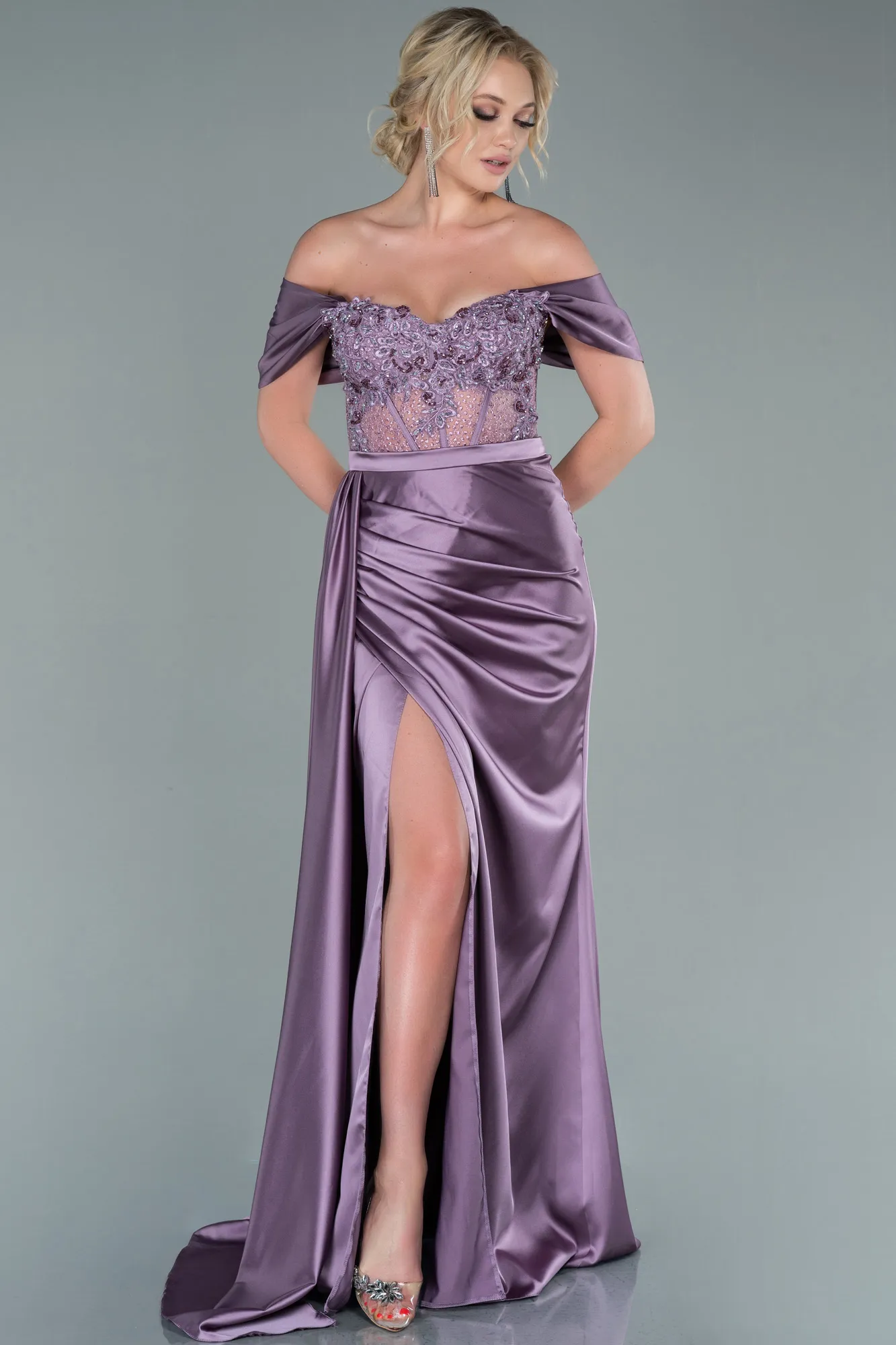 Long Satin Khaki Evening Gown ABU3997