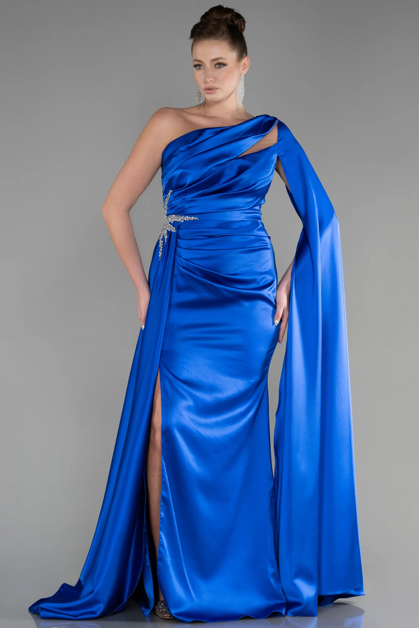 Long Satin Turquoise Evening Gown - ABU3545