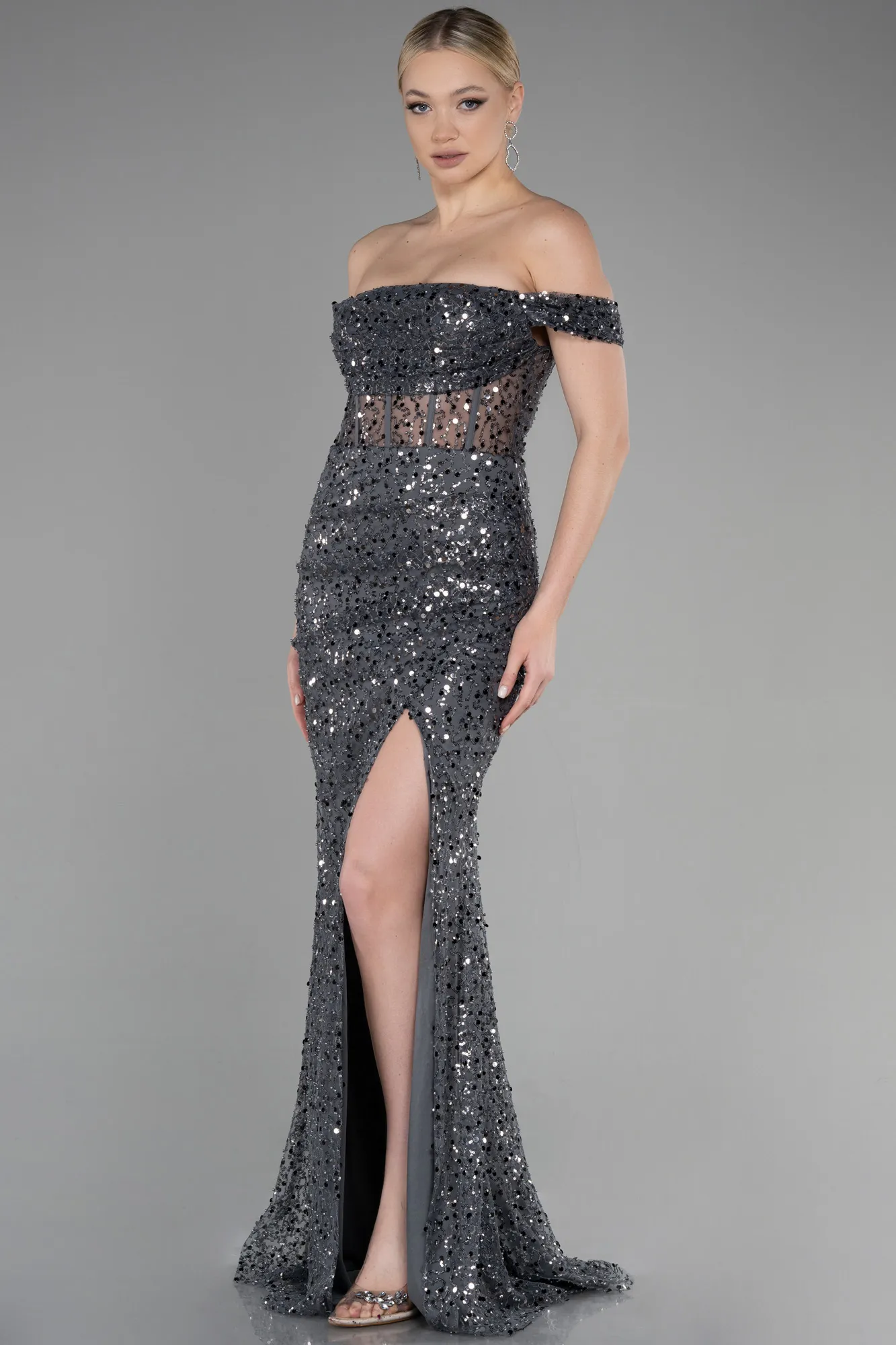 Long Sparkly Charcoal Evening Gown ABU3498