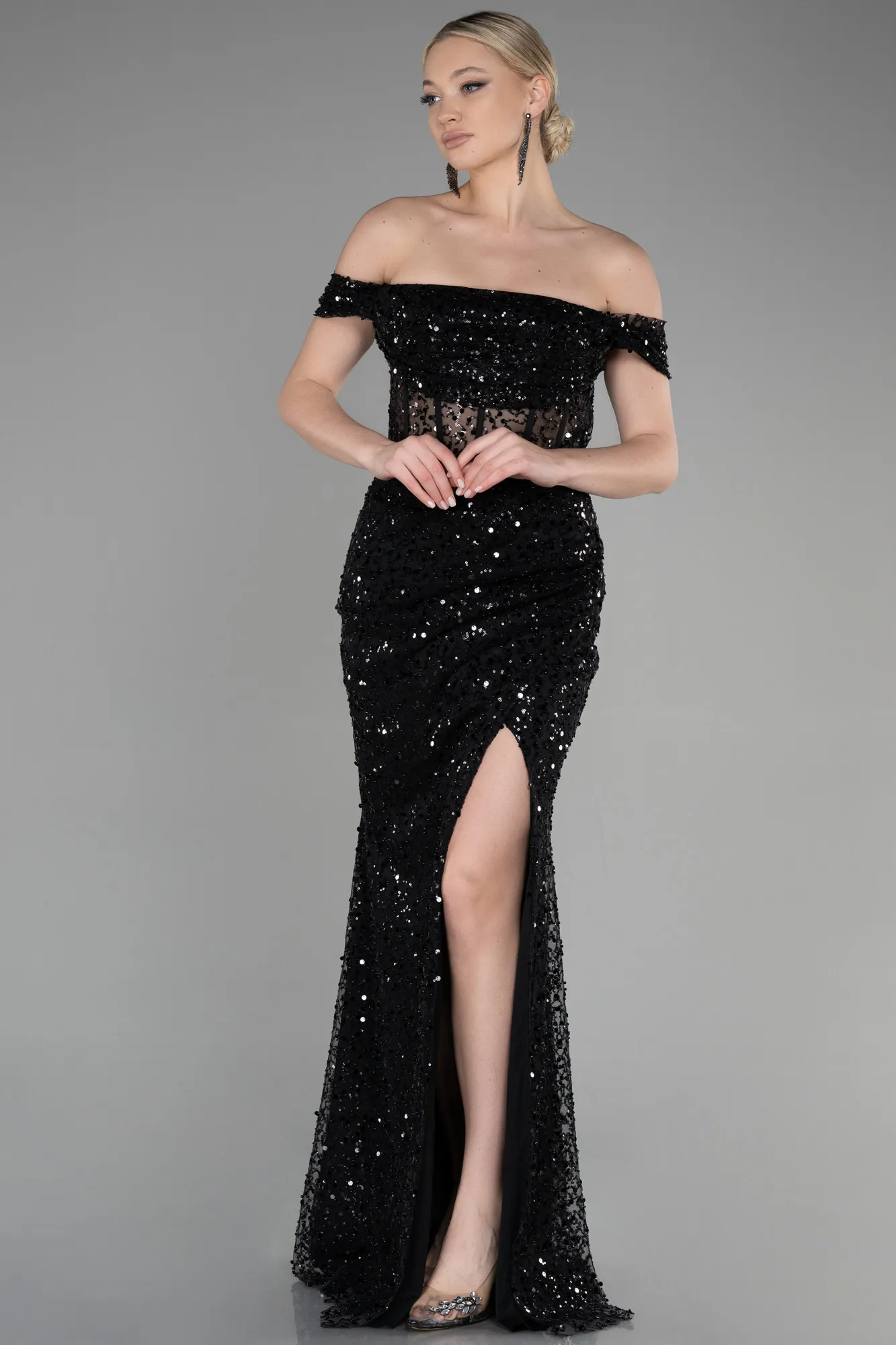 Long Sparkly Charcoal Evening Gown ABU3498