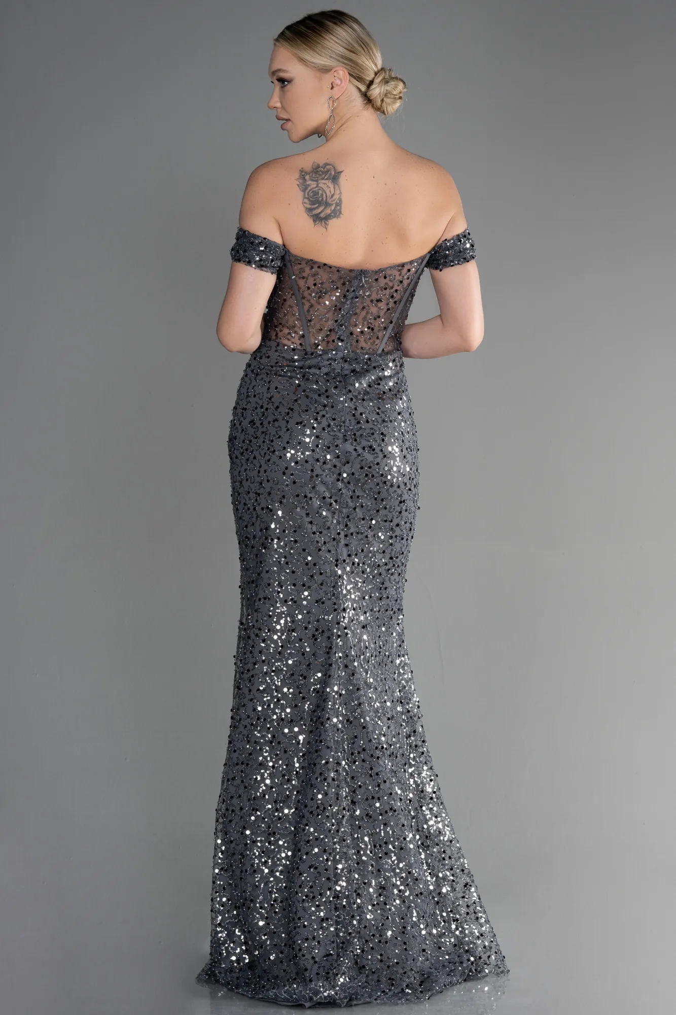 Long Sparkly Charcoal Evening Gown ABU3498