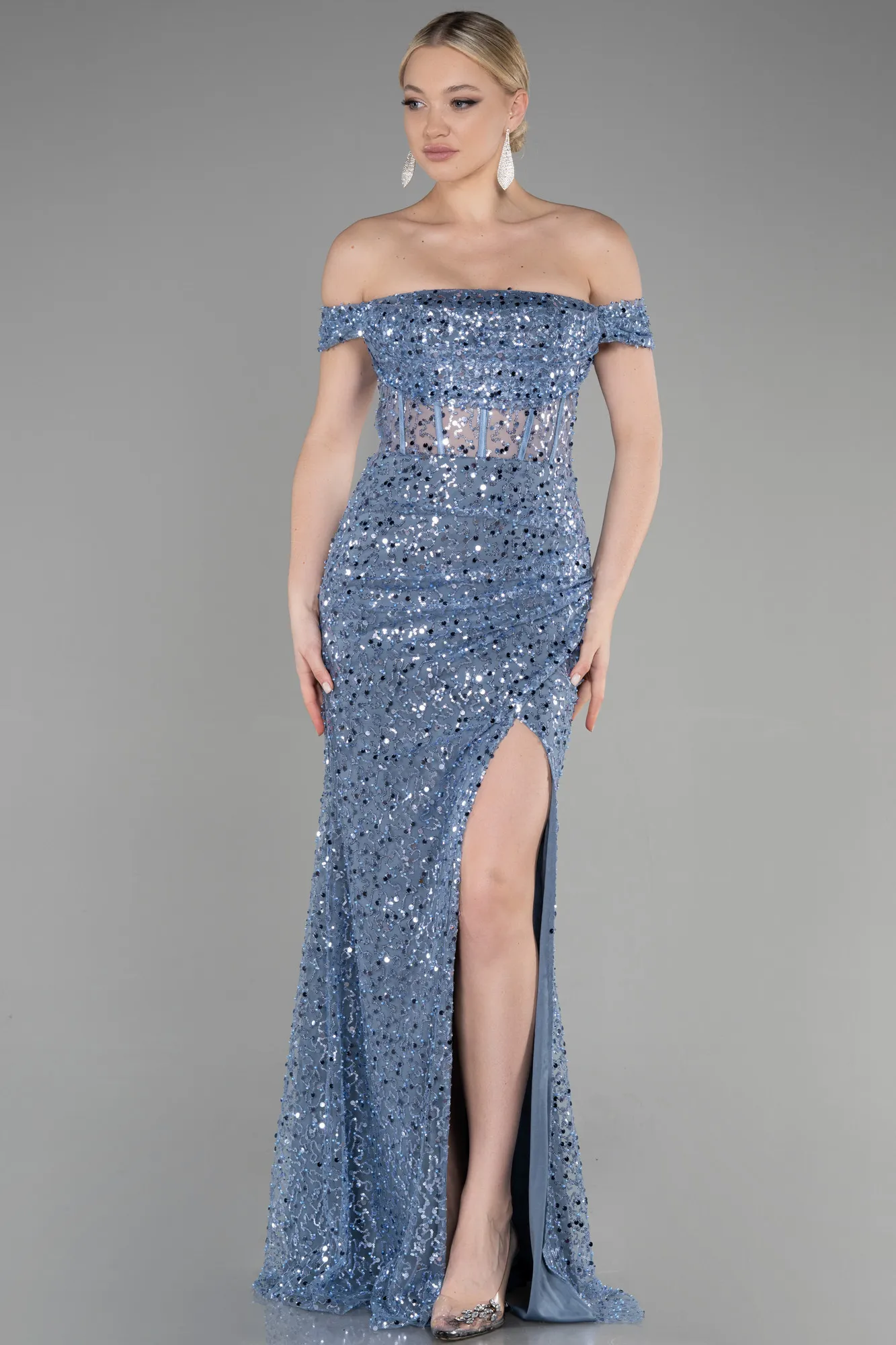 Long Sparkly Charcoal Evening Gown ABU3498