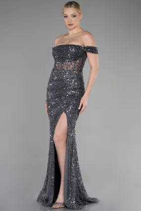 Long Sparkly Charcoal Evening Gown ABU3498