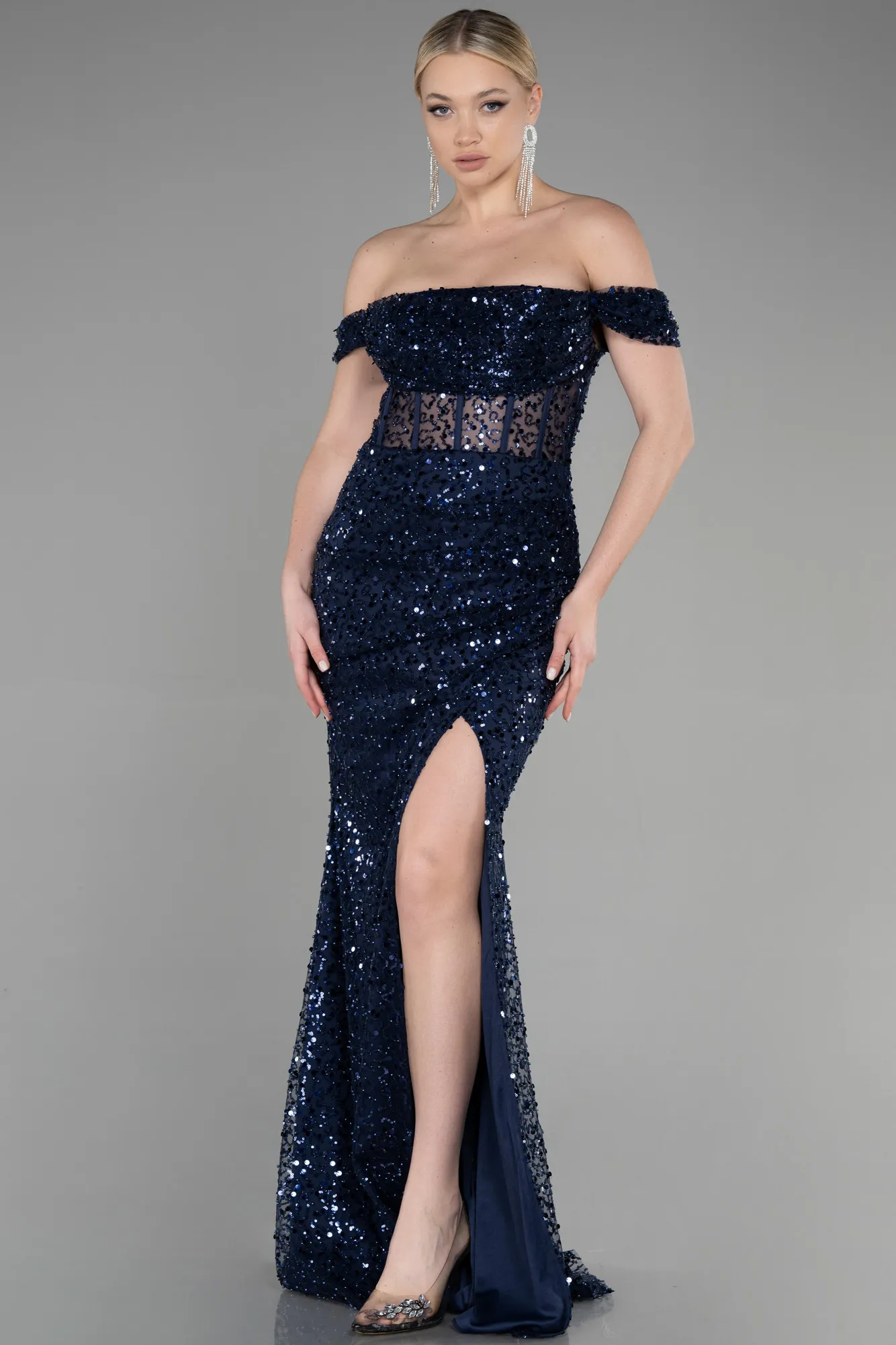 Long Sparkly Charcoal Evening Gown ABU3498