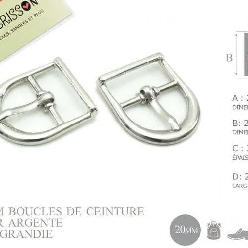 Lot de 2 boucles de ceinture argentées en métal de 20 mm